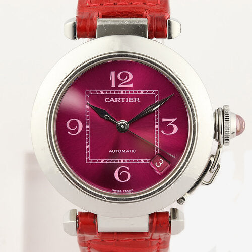 Cartier Pasha C Stainless Steel 35mm Automatic, With Rare Purple Dial, Ref. 2324, date indicator, four Arabic numerals, screwdown crown cap connected by a small link chain, Cartier light-red leather strap with deployment buckle.