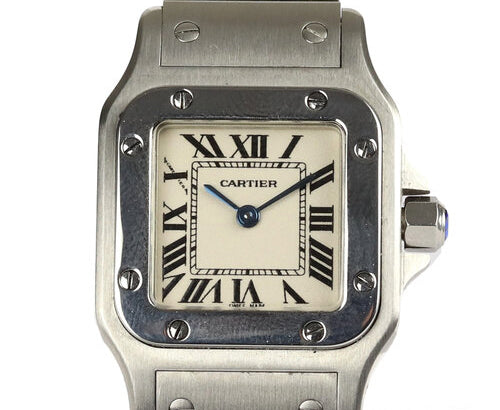 Cartier Santos Ladies Galbée 24mm Stainless Steel Quartz Watch, Ref: 1565, white dial, Roman numerals, faceted blue set set crown, stainless steel Cartier strap with a hidden double deployment clasp