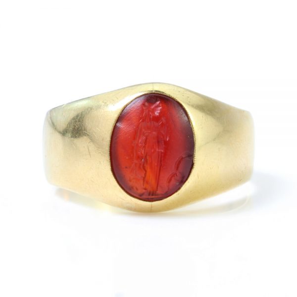 Antique Roman Carnelian Intaglio on Victorian 15ct Gold Ring; Roman Carnelian intaglio of a lady mounted to a 15ct yellow gold Victorian ring shank. Carnelian Intaglio Circa circa 2nd Century A.D. Ring shank made in 1870s