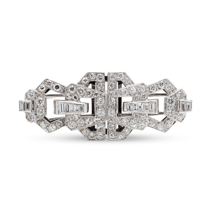 Vintage 1940s Diamond Double Clip Brooch in Platinum