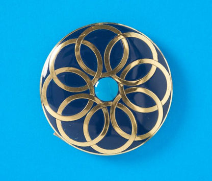 Vintage French 1970s Blue and Turquoise Enamel Compact Mirror, with circle motifs of blue and turquoise enamel, original velvet case, Signed