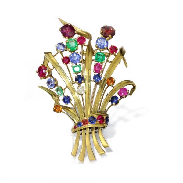 Vintage French Tutti Frutti Multi Gemstone Spray Brooch in 18ct Yellow Gold; set with sapphires, emeralds, rubies, diamonds, topaz and garnets, Circa 1950-1960s