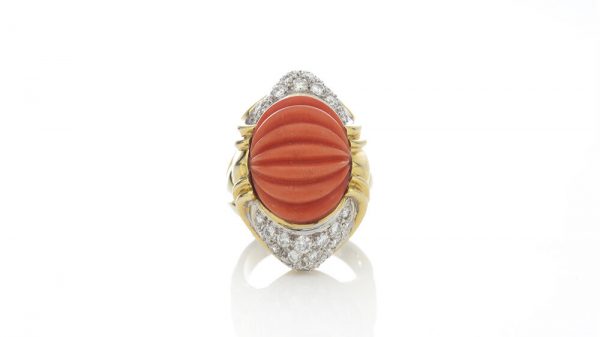 Vintage Carved Coral, Diamond and 18ct Gold Domed Cocktail Ring ...