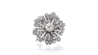 Vintage 1970s French Natural Pearl and Diamond Flower Brooch; natural freshwater pearl surrounded by 2.40cts brilliant-cut diamonds