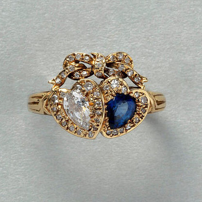 Vintage Sapphire and Diamond Double Heart and Bow Ring