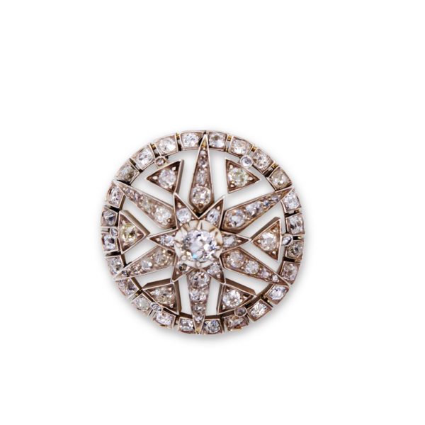 Antique Edwardian Old-Cut Diamond Target Brooch, set in Silver and Gold