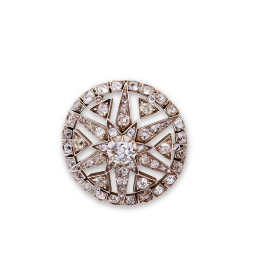 Antique Edwardian Old-Cut Diamond Target Brooch, set in Silver and Gold