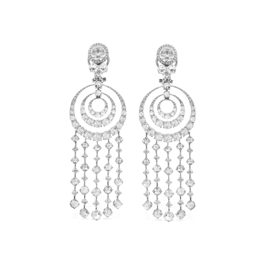 Rose Cut Diamond Spiral Drop Earrings, set with 10.86 carats of dangling round rose cut diamonds with concentric spirals at the centre