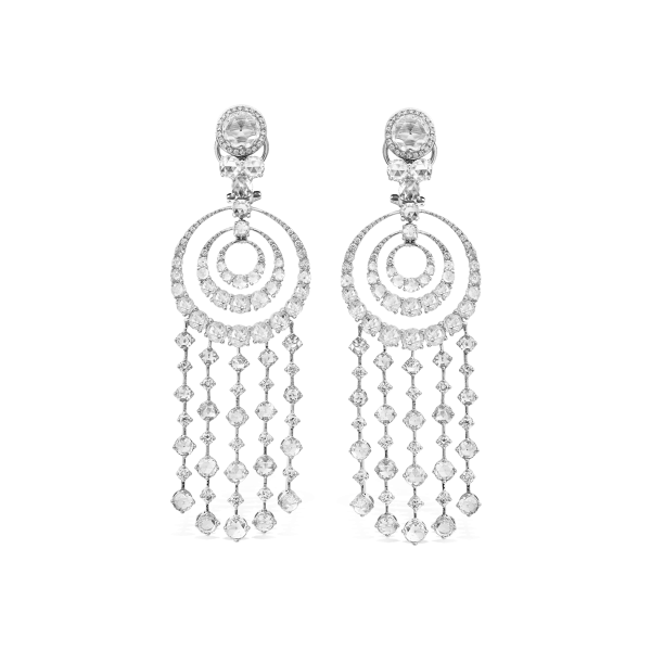 Rose Cut Diamond Spiral Drop Earrings, set with 10.86 carats of dangling round rose cut diamonds with concentric spirals at the centre