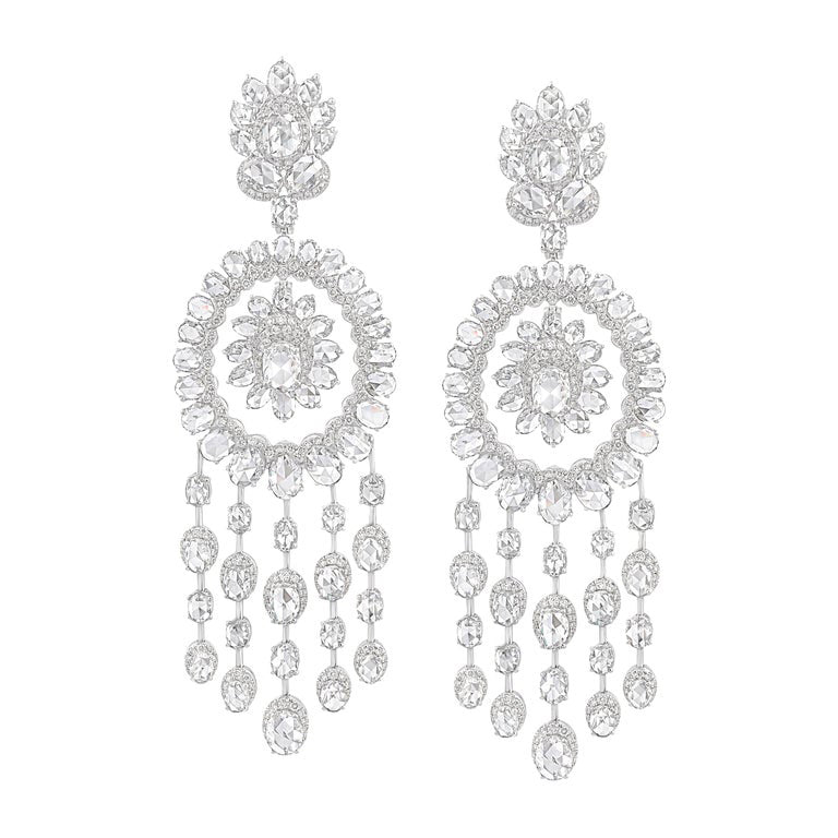 Rose Cut Diamond Chandelier Earrings, 14.25 carat total, 18ct White Gold
