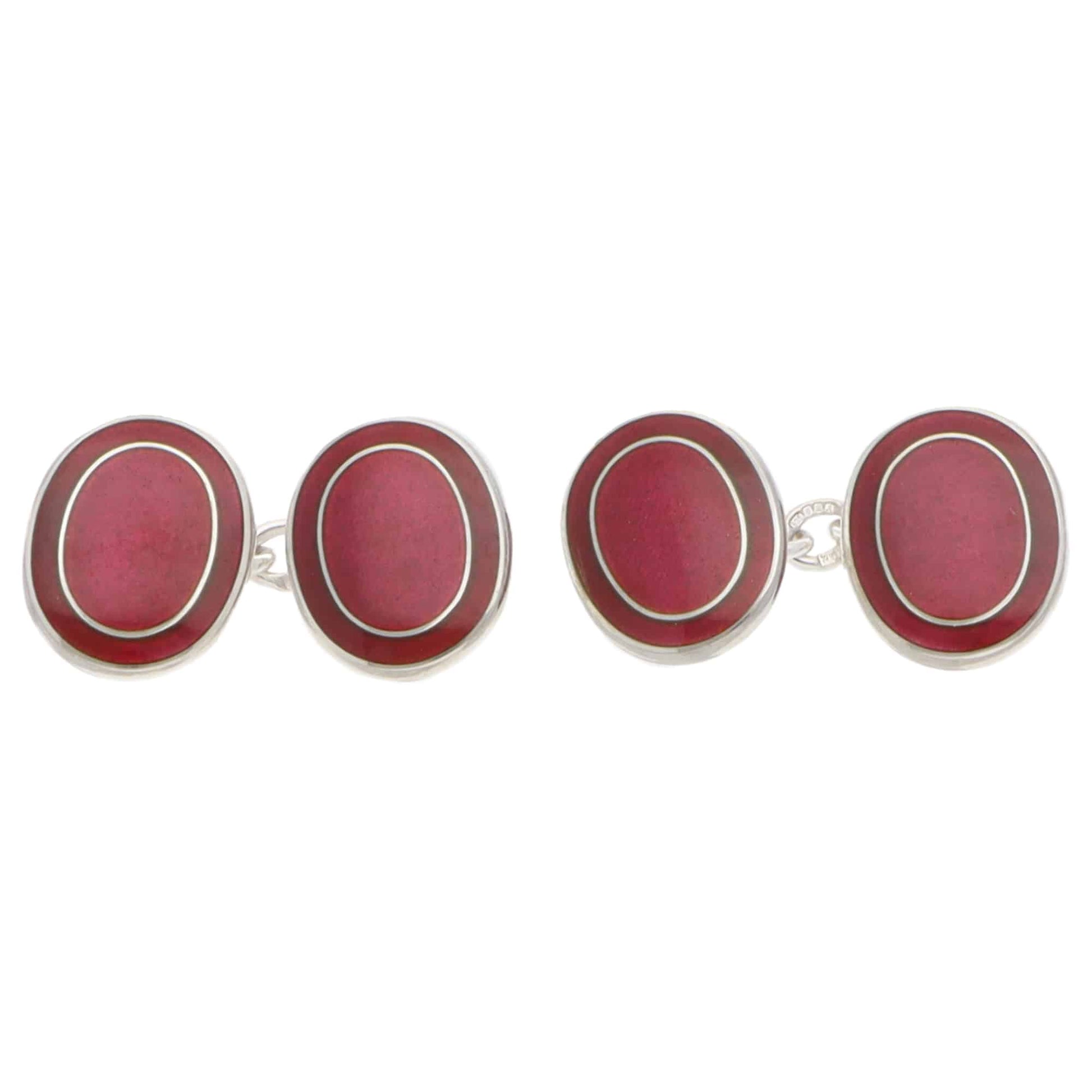 Contemporary Cerise Enamel Oval Chain Cufflinks in Silver