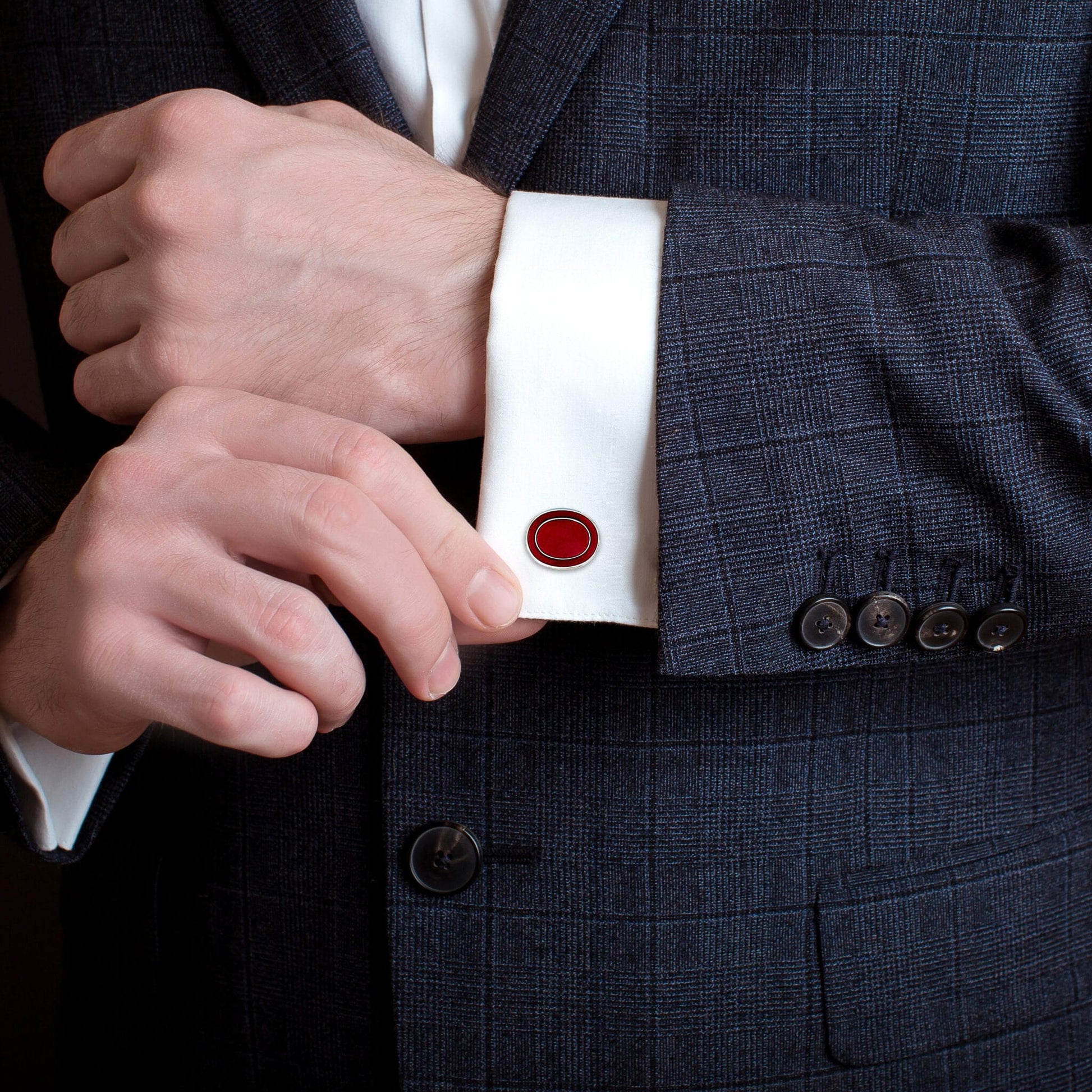 Contemporary Cerise Enamel Oval Chain Cufflinks in Silver