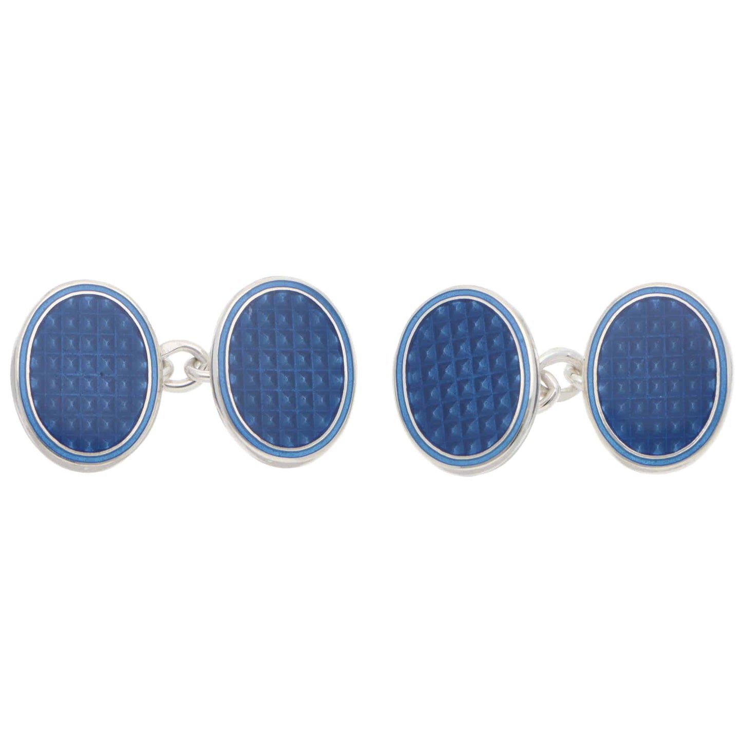 A pair of oval blue enamel silver cufflinks, on a white background