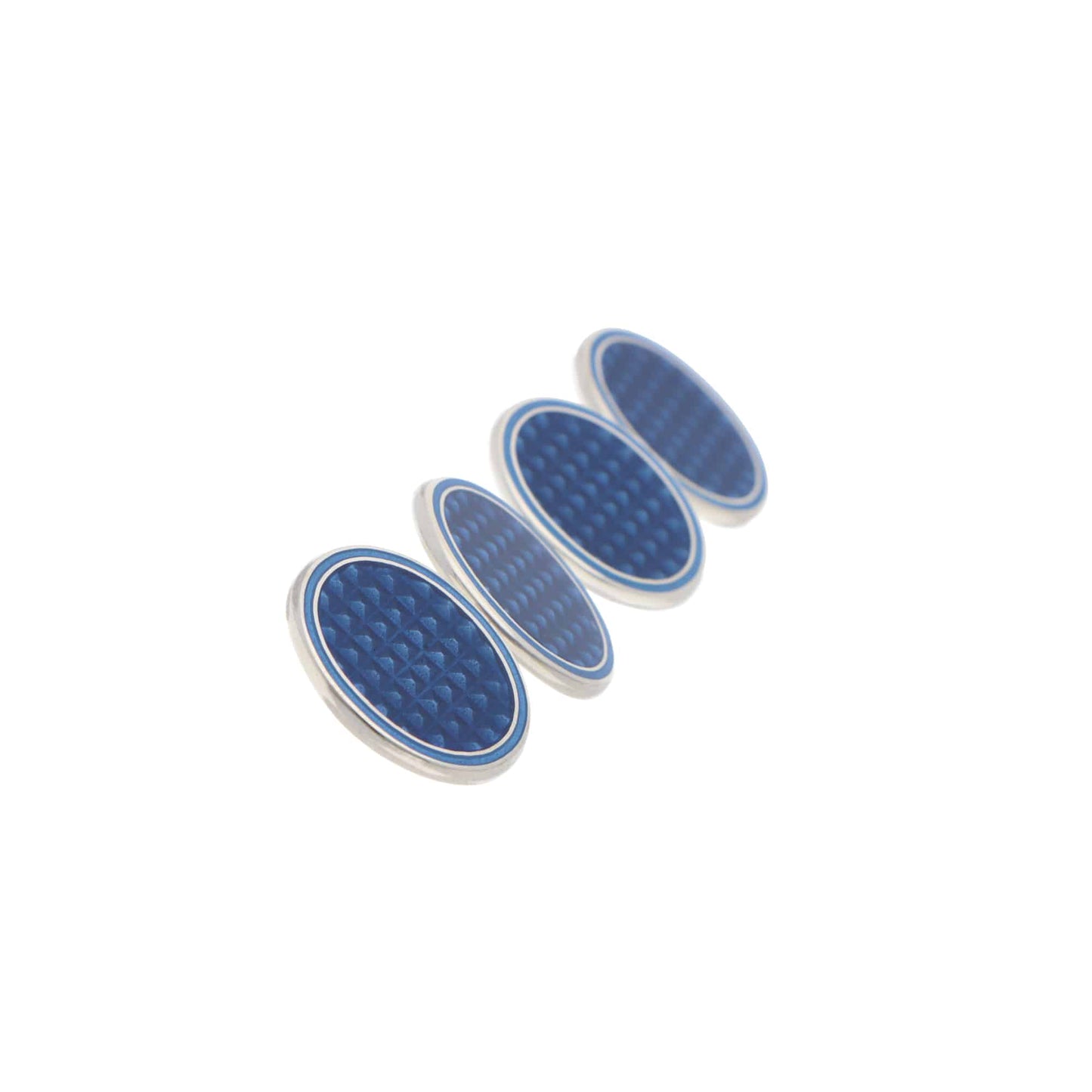 A pair of oval blue enamel silver cufflinks, on a white background