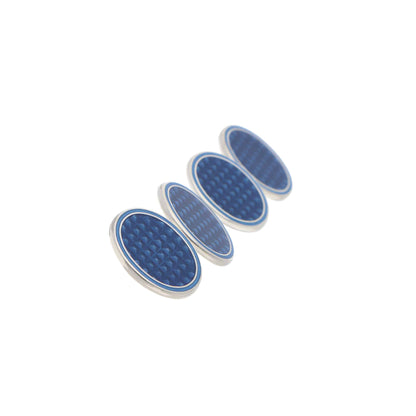 A pair of oval blue enamel silver cufflinks, on a white background