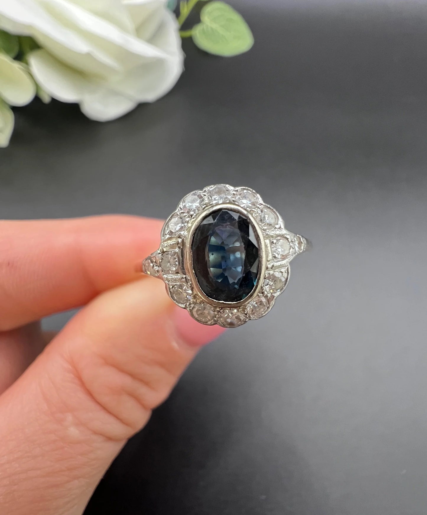 Antique 18ct Gold & Platinum, 1920s Sapphire and Diamond Oval Cluster Ring