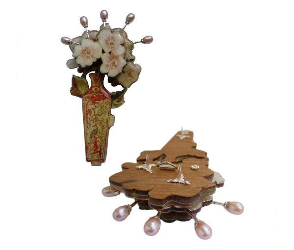 Contemporary Pearl, Veneer, Lacquer and Silver Blossom Brooch, From the Collection ‘Gilded Frames from Paris’ by Iris Nieuwenburg, Netherlands, 2010