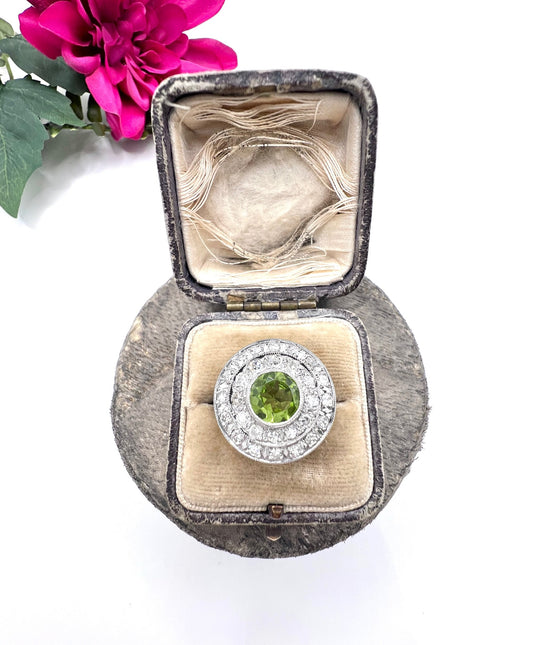Vintage 18 ct Gold French, 1940's Peridot And Diamond Double Halo Ring