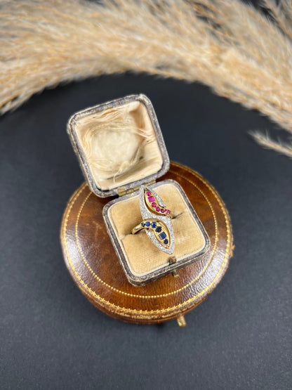 Vintage Ruby Sapphire Diamond Double Head Snake Navette Cluster Ring