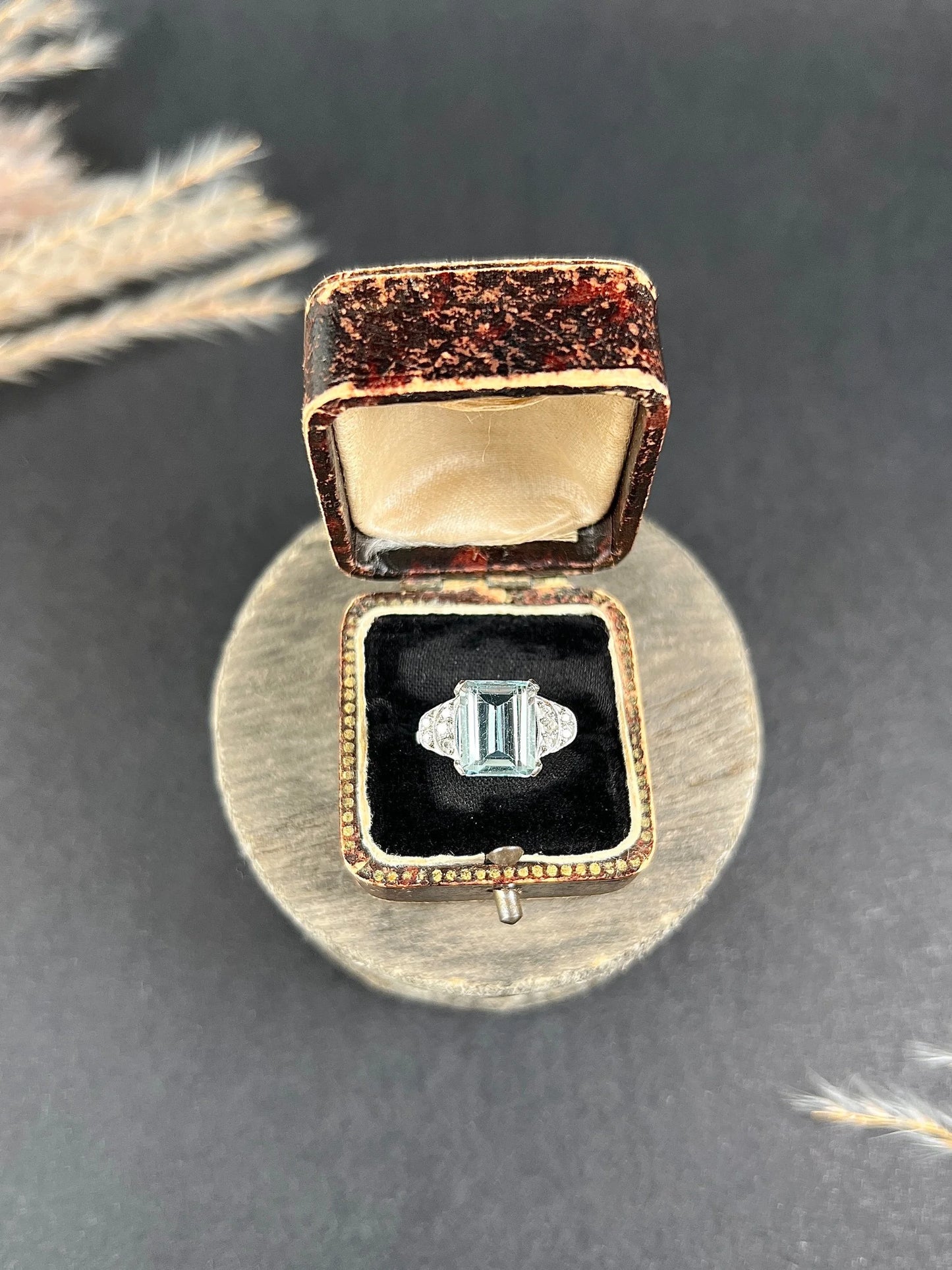 Art Deco 14 Carat White Gold Emerald Cut Aquamarine and Diamond Ring, Circa 1920