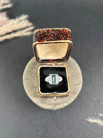 Art Deco 14 Carat White Gold Emerald Cut Aquamarine and Diamond Ring, Circa 1920