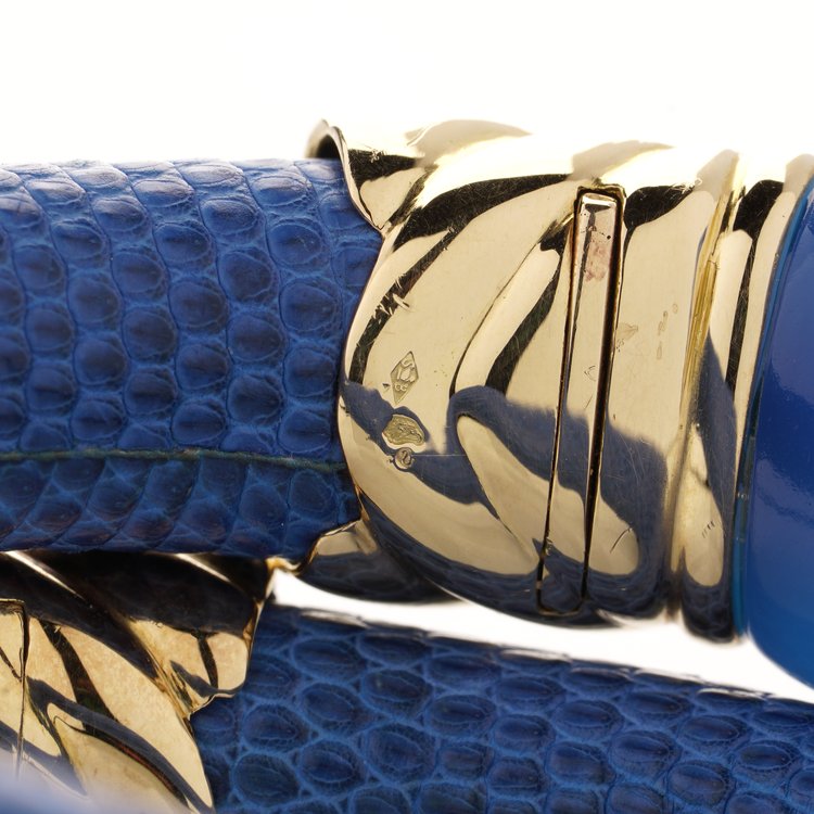 Alexis Barthelay 18ct Yellow Gold, Diamond and Blue Leather Snake Bracelet Watch