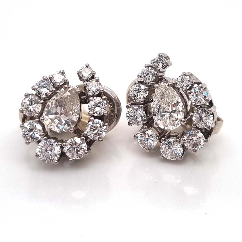 1950's Art Deco Vintage Pear Cut Diamond Cluster Clip On Earrings, 3.5 carats, pear-cut diamonds surrounded by a graduation of diamonds in 18ct white gold