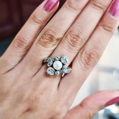 Antique Natural Pearl and Old Cut Diamond Three Stone Crossover Ring