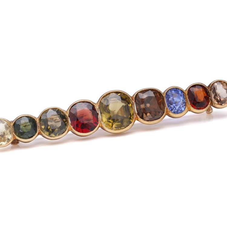Vintage Multi Gemstone Bar Brooch in 18ct Yellow Gold