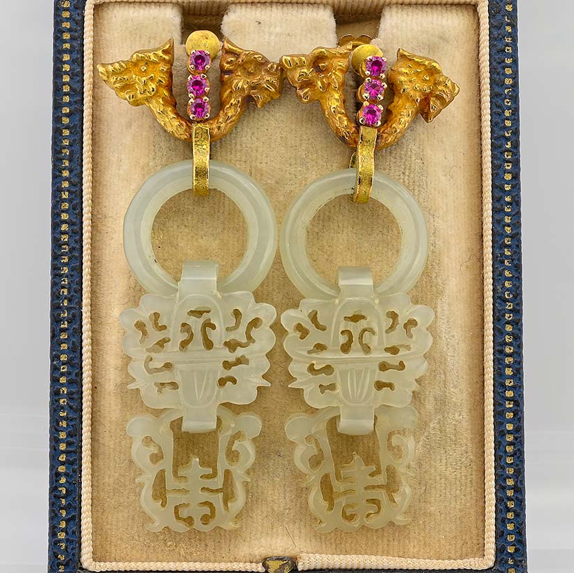 Antique Carved White Jade Dragon Drop Earrings