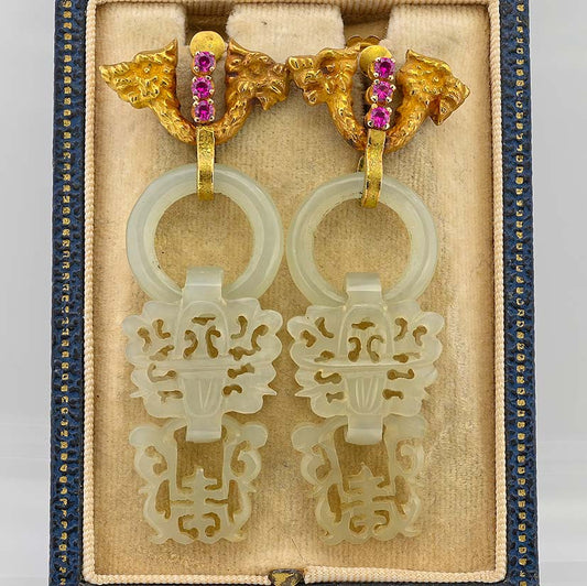 Antique Carved White Jade Dragon Drop Earrings