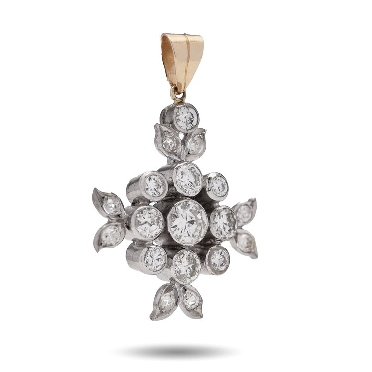 Diamond Floral Snowflake Cluster Pendant, 1.59 carat total