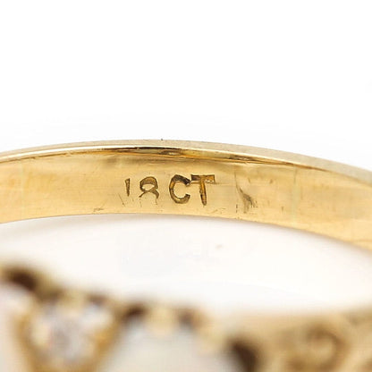 Antique Three Stone Opal Ring with Old Cut Diamonds 18ct Yellow Gold