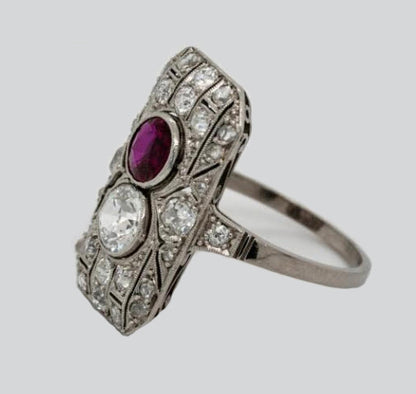 Art Deco Ruby and Diamond Plaque Ring in Platinum