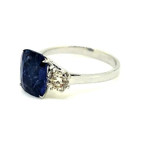 3.53ct Cushion Cut Sapphire and Diamond Three Stone Engagement Ring