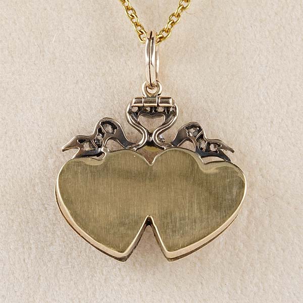 Georgian Antique Double Heart Pearl Enamel Diamond Pendant