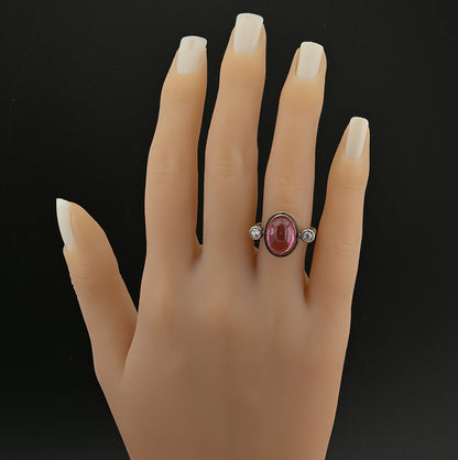Antique 6ct Cabochon Pink Tourmaline and Diamond Trilogy Three Stone Engagement Ring