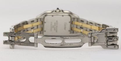 Cartier Panthere Midsize Steel and Gold Quartz 27mm Watch, Ref 1100, white dial, Roman numerals, blue steel hands, quick-set date indicator, sapphire crystal, sapphire cabochon crown, steel and gold bracelet, with Cartier papers