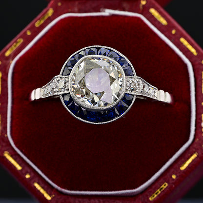 1.10ct Old Mine Cut Diamond and Sapphire Target Engagement Ring in Platinum