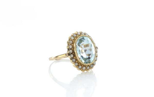 3.5ct Aquamarine and Natural Pearl Oval Cluster Ring, in 18ct Yellow Gold