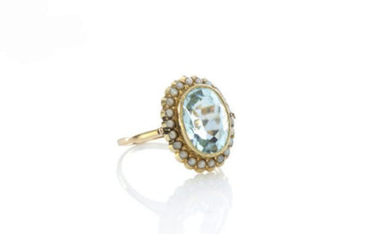 3.5ct Aquamarine and Natural Pearl Oval Cluster Ring, in 18ct Yellow Gold