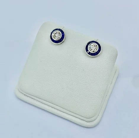 0.61ct Diamond and Calibre Sapphire Target Cluster Stud Earrings
