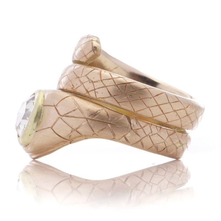 Antique 18ct Yellow Gold Coiled Snake Ring with 1.90ct Rose Cut Diamond Head and Old Cut Diamond Eyes