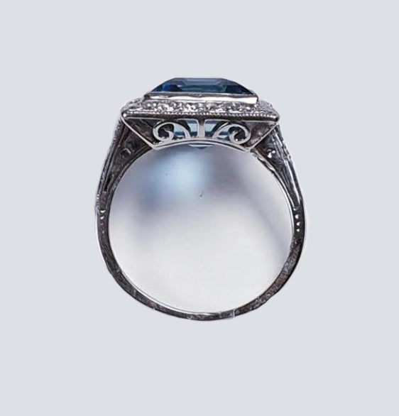 Art Deco 7ct Santa Maria Aquamarine and Diamond Cluster Dress Ring in Platinum