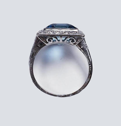 Art Deco 7ct Santa Maria Aquamarine and Diamond Cluster Dress Ring in Platinum
