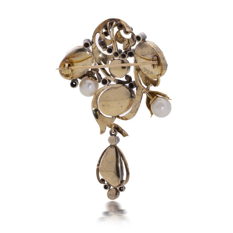 Antique Portuguese Turquoise Pearl and Diamond Pendant Brooch