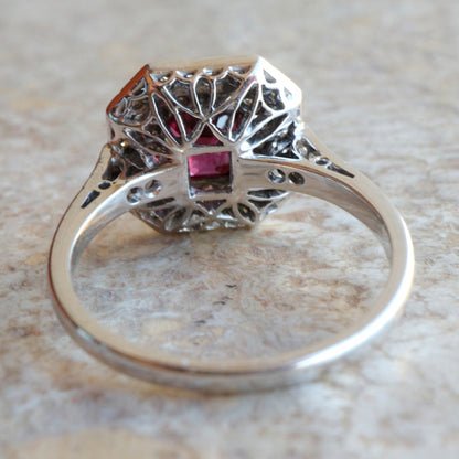 Art Deco 1.15ct Natural Siam Ruby and Diamond Double Cluster Ring