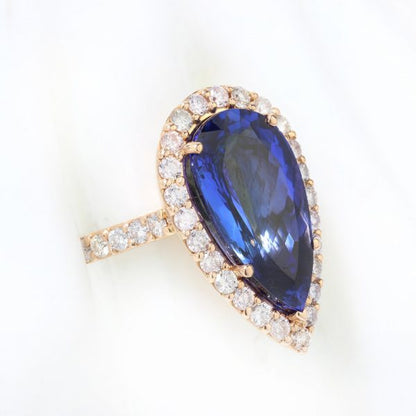 Vintage 12ct Pear Cut Tanzanite and Diamond Cluster Ring in 18ct Yellow Gold, Circa 1970s, with GCS certificate