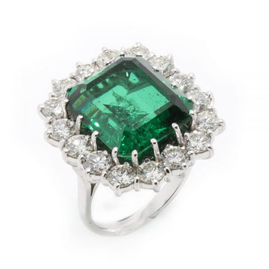 9ct Emerald Cut Natural Green Tourmaline and Diamond Cluster Ring