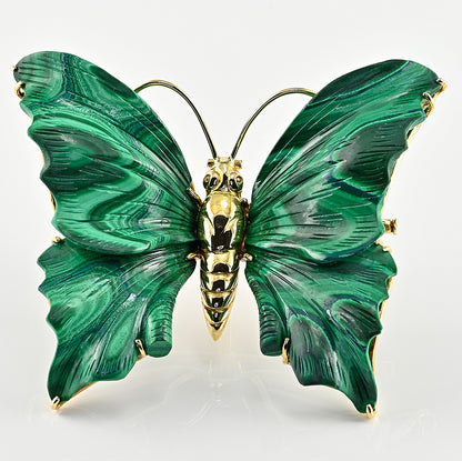 Vintage Carved Malachite Butterfly Pendant Brooch 18ct Yellow Gold